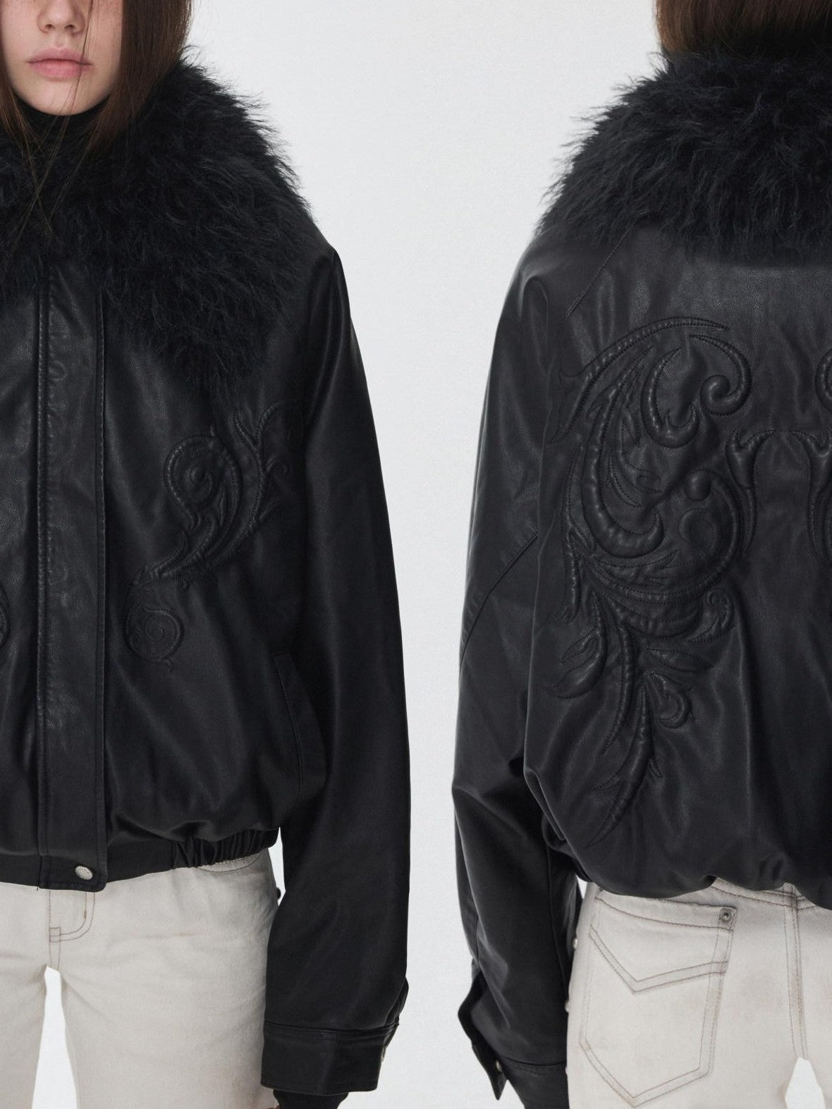 1JINN STUDIO Large Fur Collar Embossed Embroidery Padded Loose Fit Women&