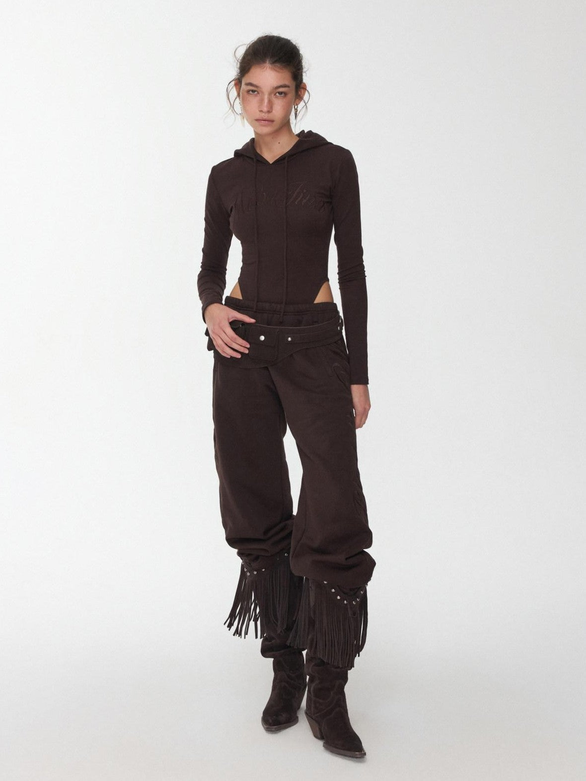 1JINN STUDIO Letter Embroidered Drawstring Hooded Slim Waist Women&