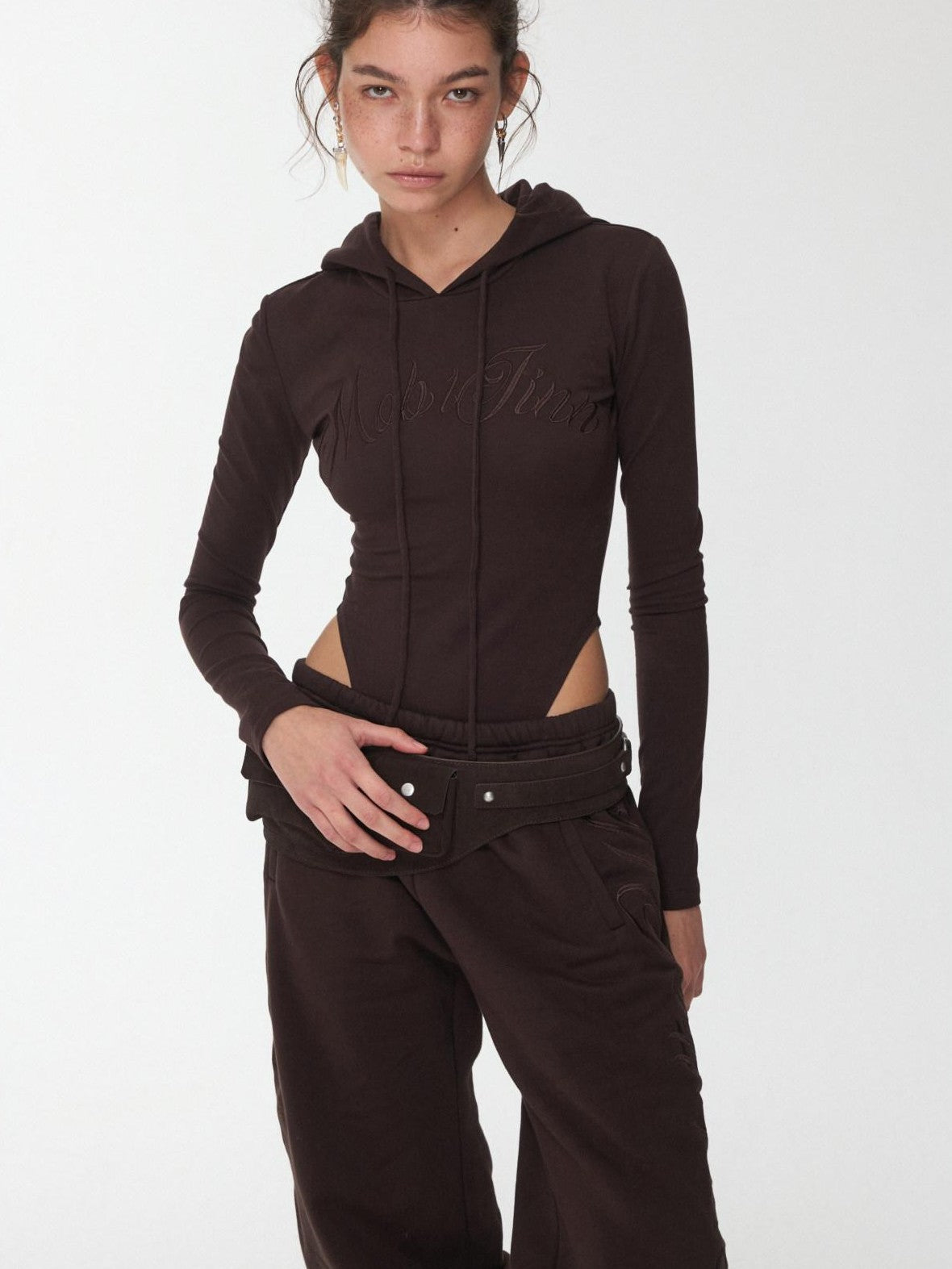 1JINN STUDIO Letter Embroidered Drawstring Hooded Slim Waist Women&