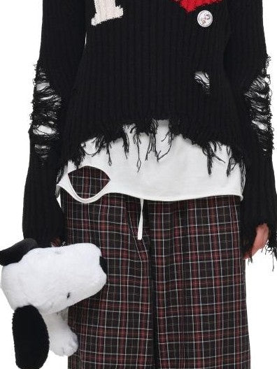 1JINN STUDIO Letter Heart Print Distressed Ribbed Knit Women&