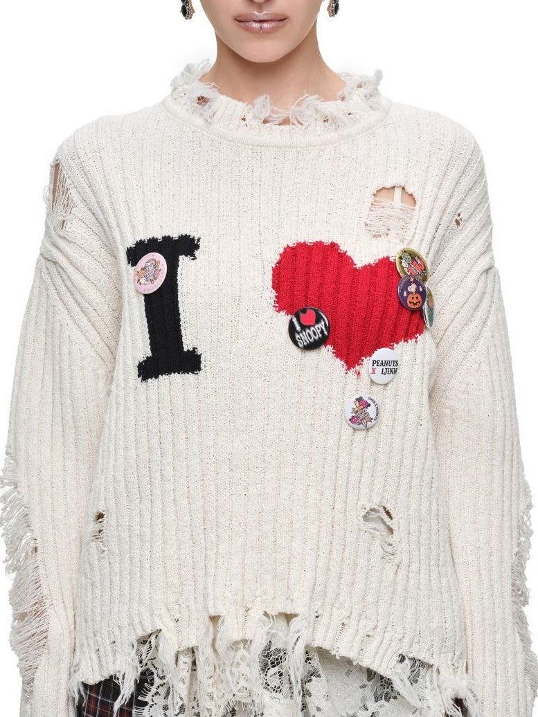 1JINN STUDIO Letter Heart Print Distressed Ribbed Knit Women&
