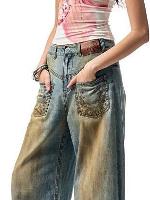 1JINN STUDIO Mud Dye Blue Washed Embroidered Deconstructed Low Rise Women&