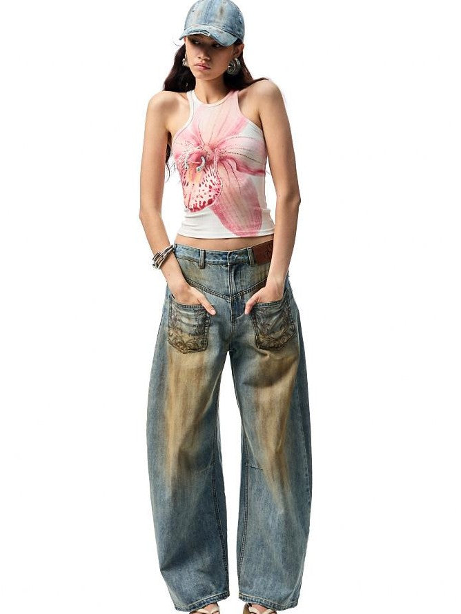 1JINN STUDIO Mud Dye Blue Washed Embroidered Deconstructed Low Rise Women&