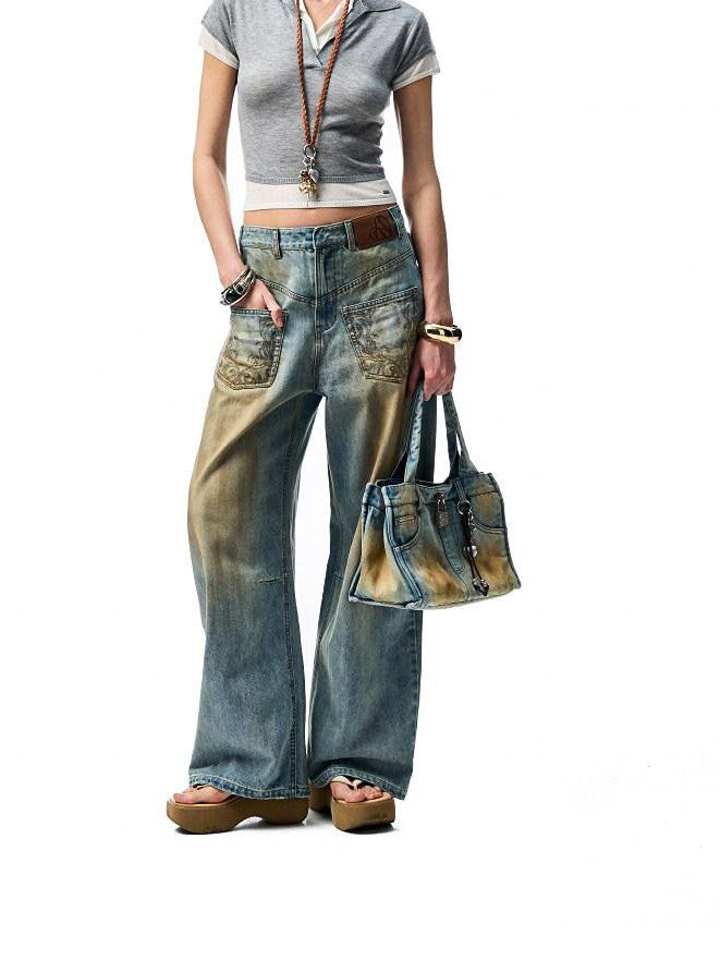 1JINN STUDIO Mud Dye Blue Washed Embroidered Deconstructed Low Rise Women&