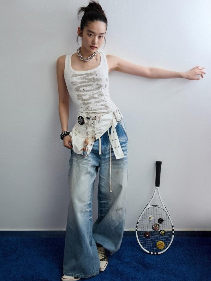 1JINN STUDIO Mud Dyed Washed Blue Distressed Whisker Scratch Women&