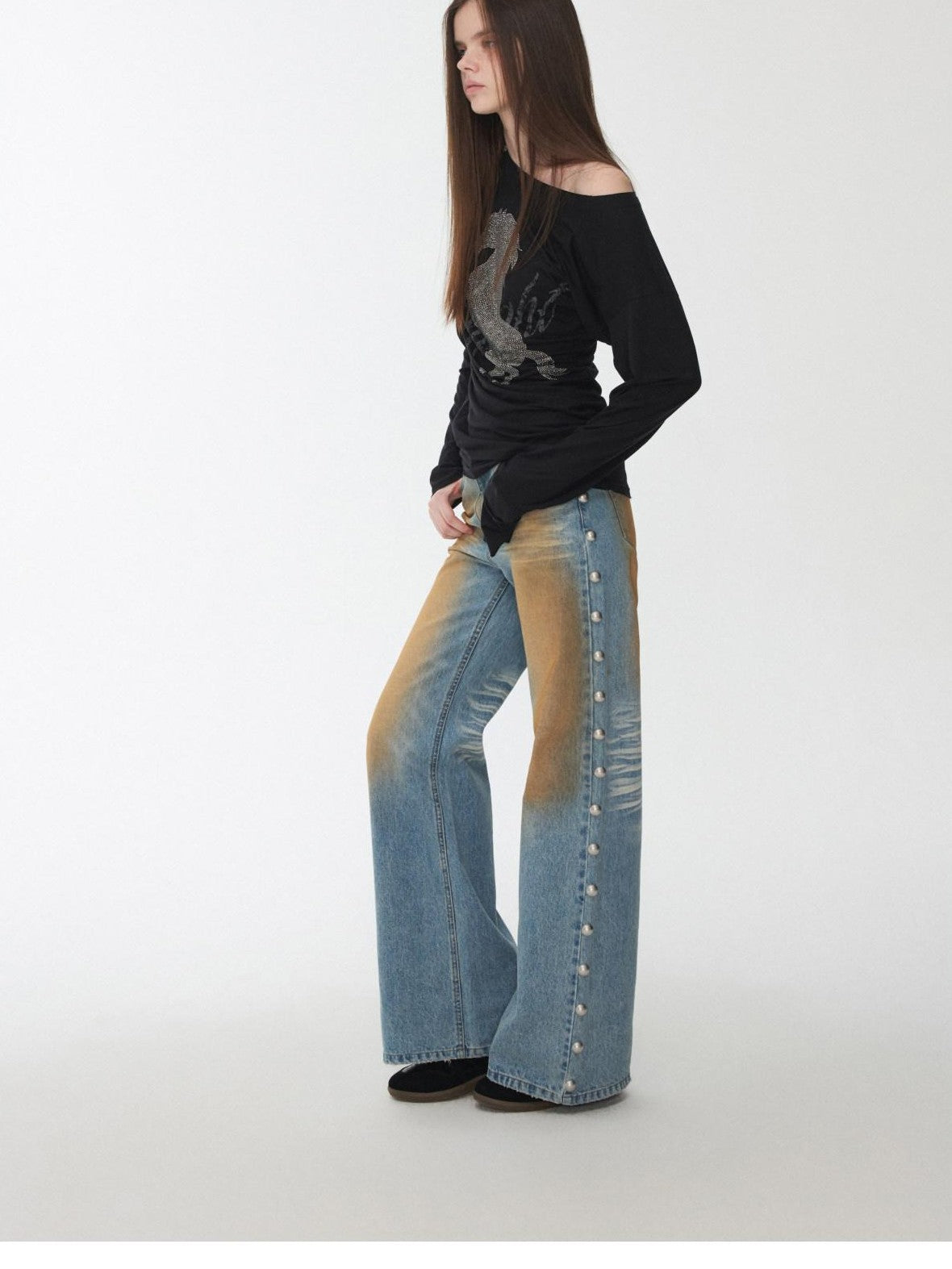 1JINN STUDIO Mud Dyed Washed Distressed Studded Women&