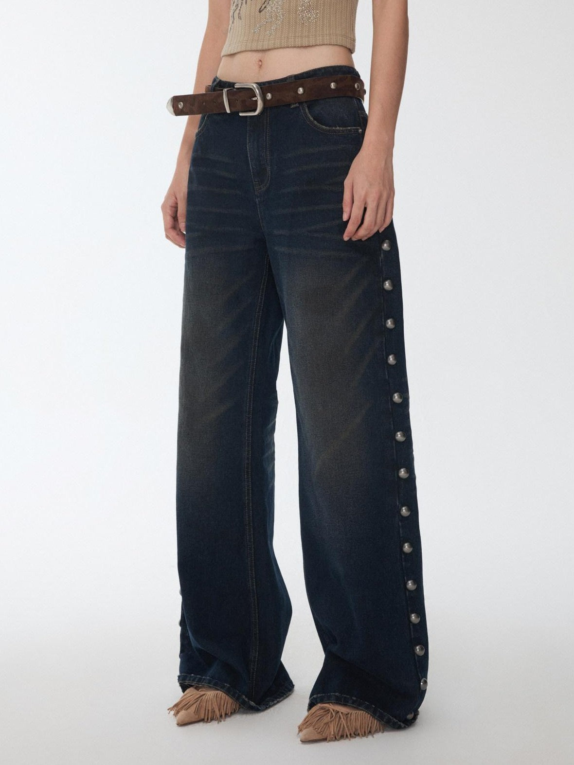 1JINN STUDIO Mud Dyed Washed Distressed Studded Women&