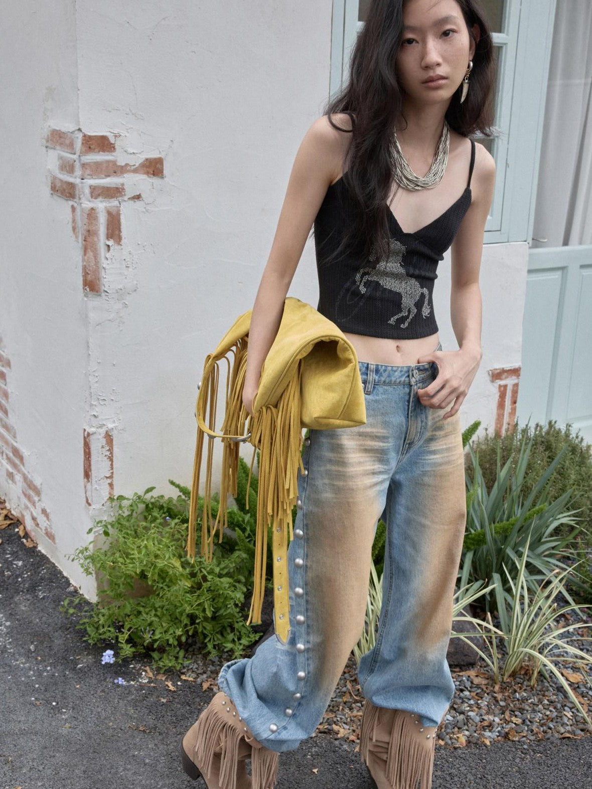 1JINN STUDIO Mud Dyed Washed Distressed Studded Women&