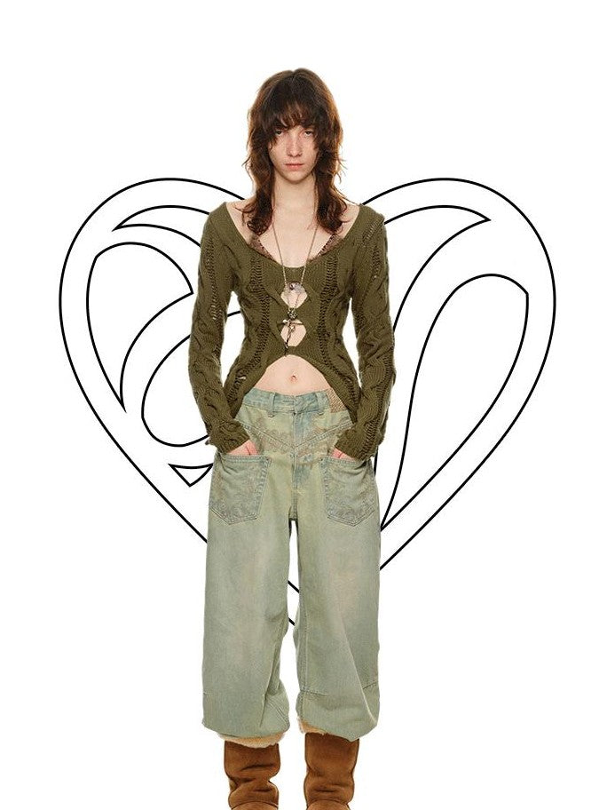 1JINN STUDIO Olive Green Openwork Cable Knit V-neck Women&