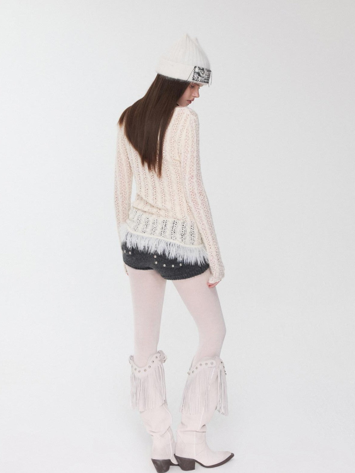 1JINN STUDIO Openwork Cabled Eyelash Off Shoulder Women&
