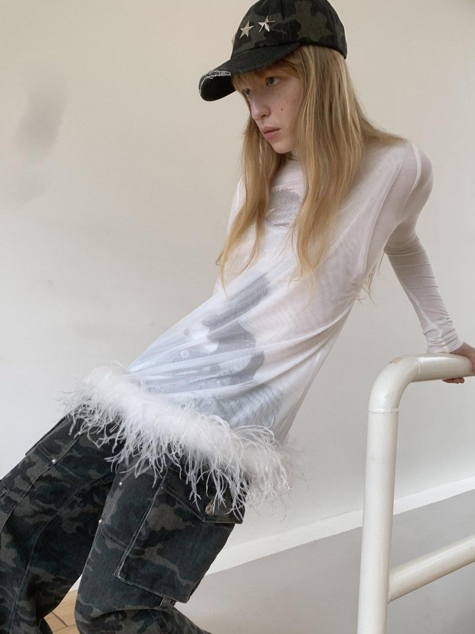 1JINN STUDIO Ostrich Feather Hem Rhinestone Embellished U Neck Women&