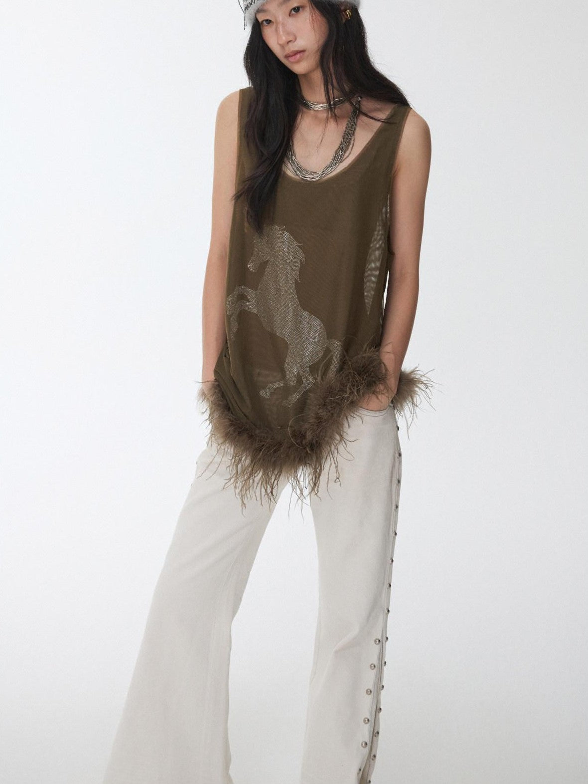 1JINN STUDIO Ostrich Feather Hem Rhinestone Embellished U Neck Women&