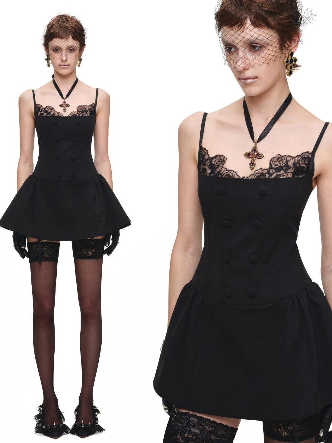 1JINN STUDIO Patchwork Lace Napoleon Double Breasted Cinched Waist Women&