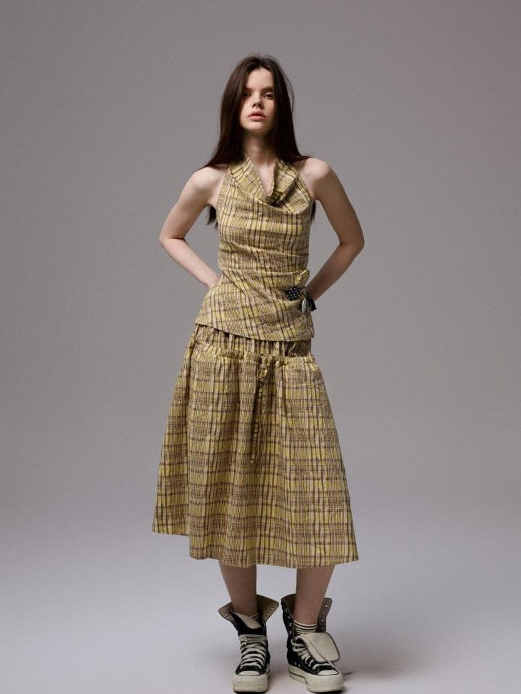 1JINN STUDIO Plaid Backless Halter Drawstring Mid Length Women&