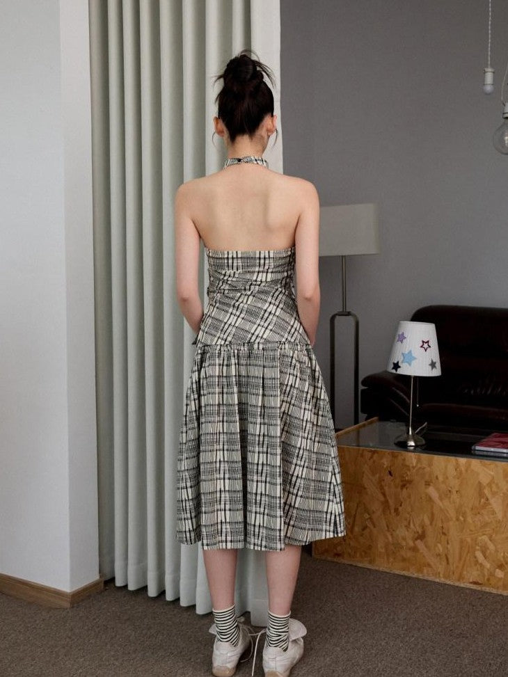 1JINN STUDIO Plaid Backless Halter Drawstring Mid Length Women&