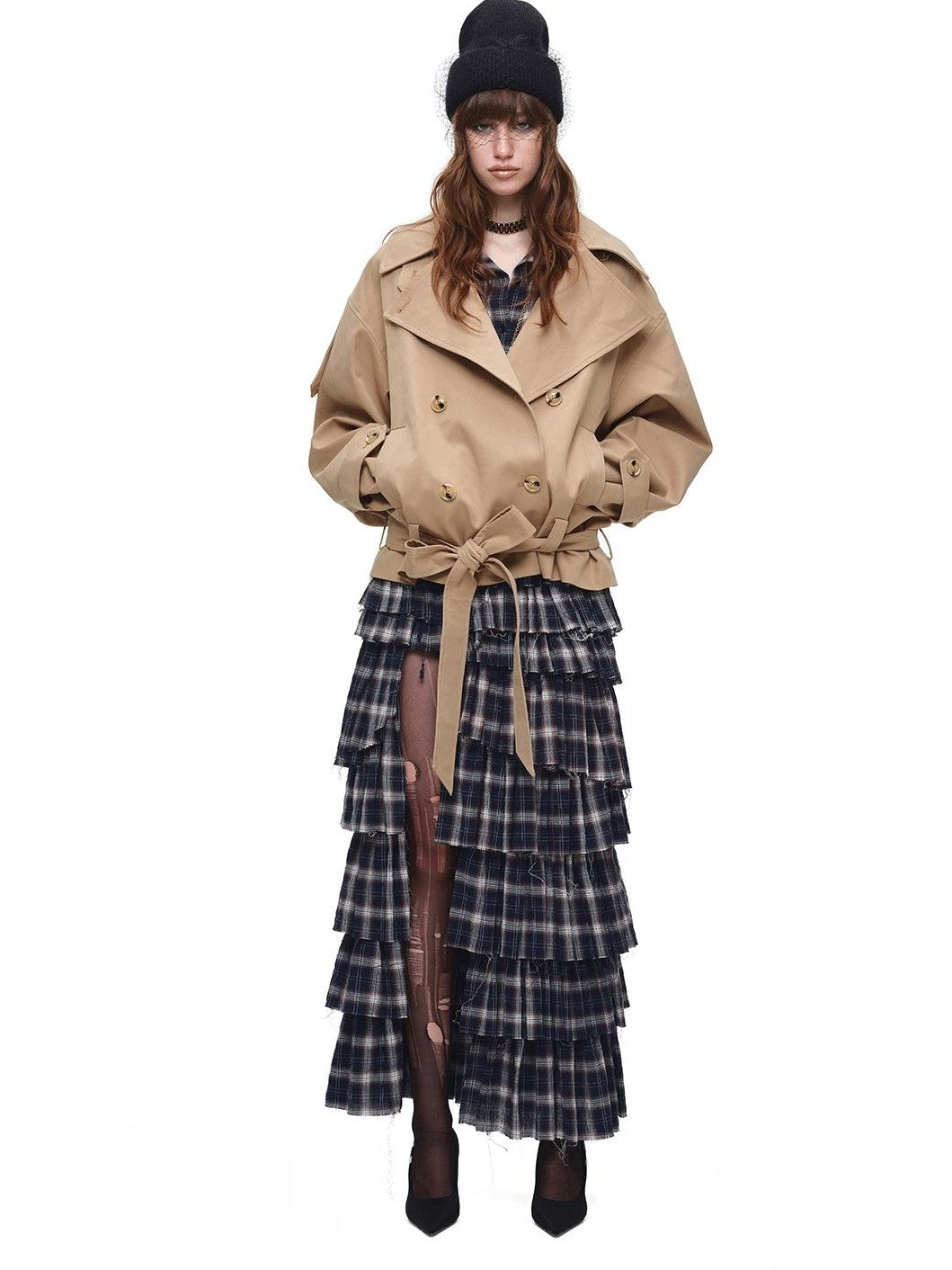 1JINN STUDIO Plaid Irregular Deconstructed Layered Patchwork Slit A Line Women&