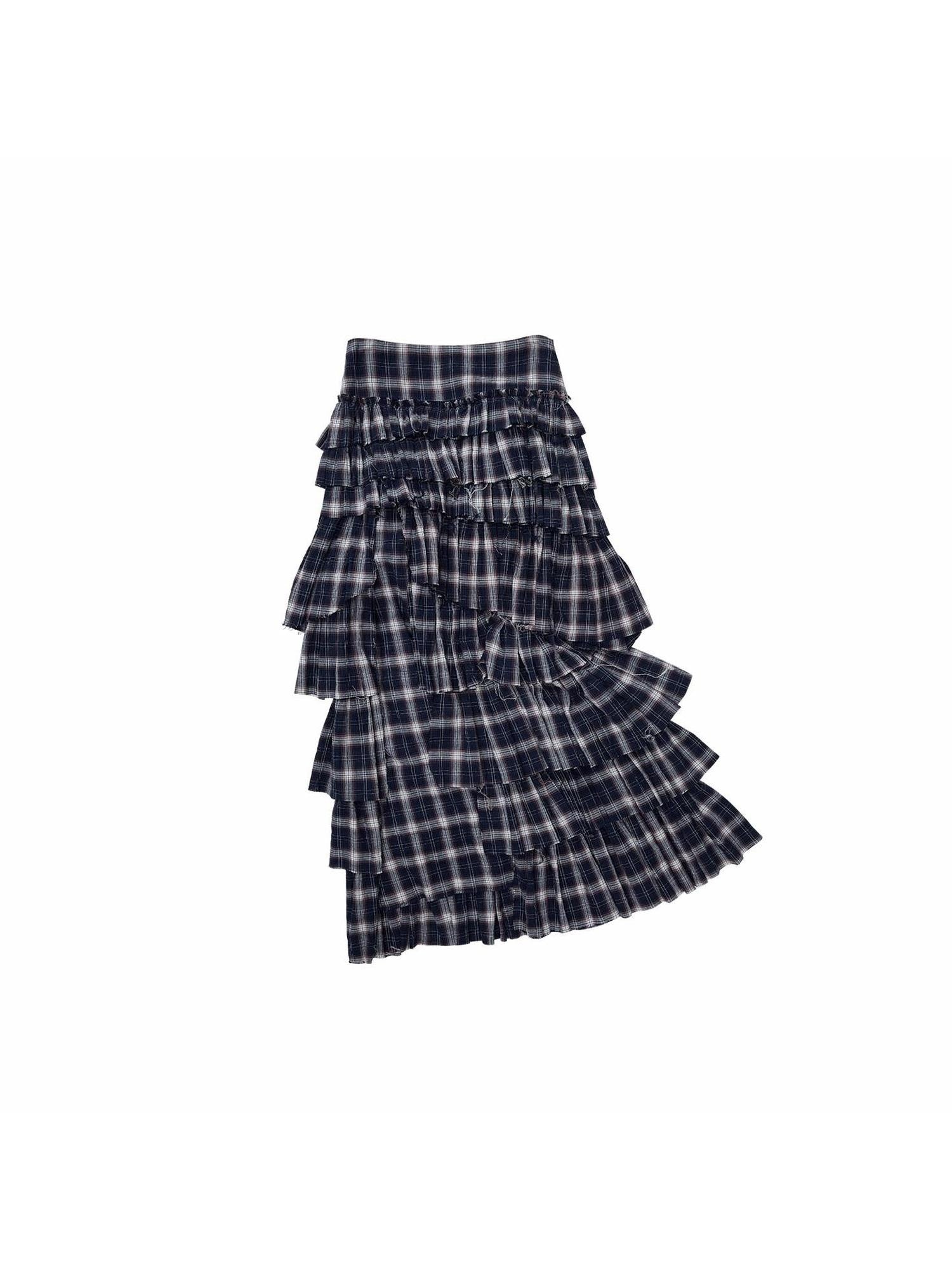 1JINN STUDIO Plaid Irregular Deconstructed Layered Patchwork Slit A Line Women&