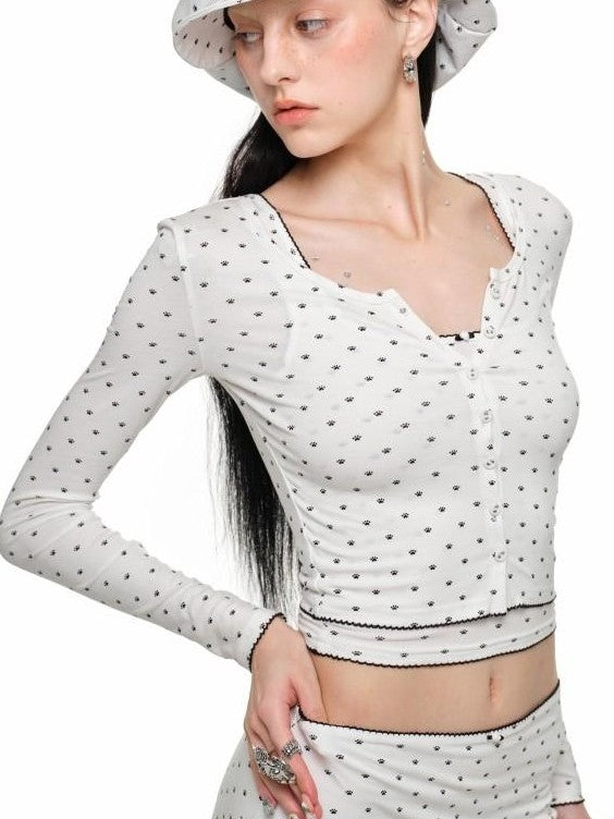 1JINN STUDIO Polka Dot Cat Paw Lace Crop Cardigan Bustier Bodycon Women&