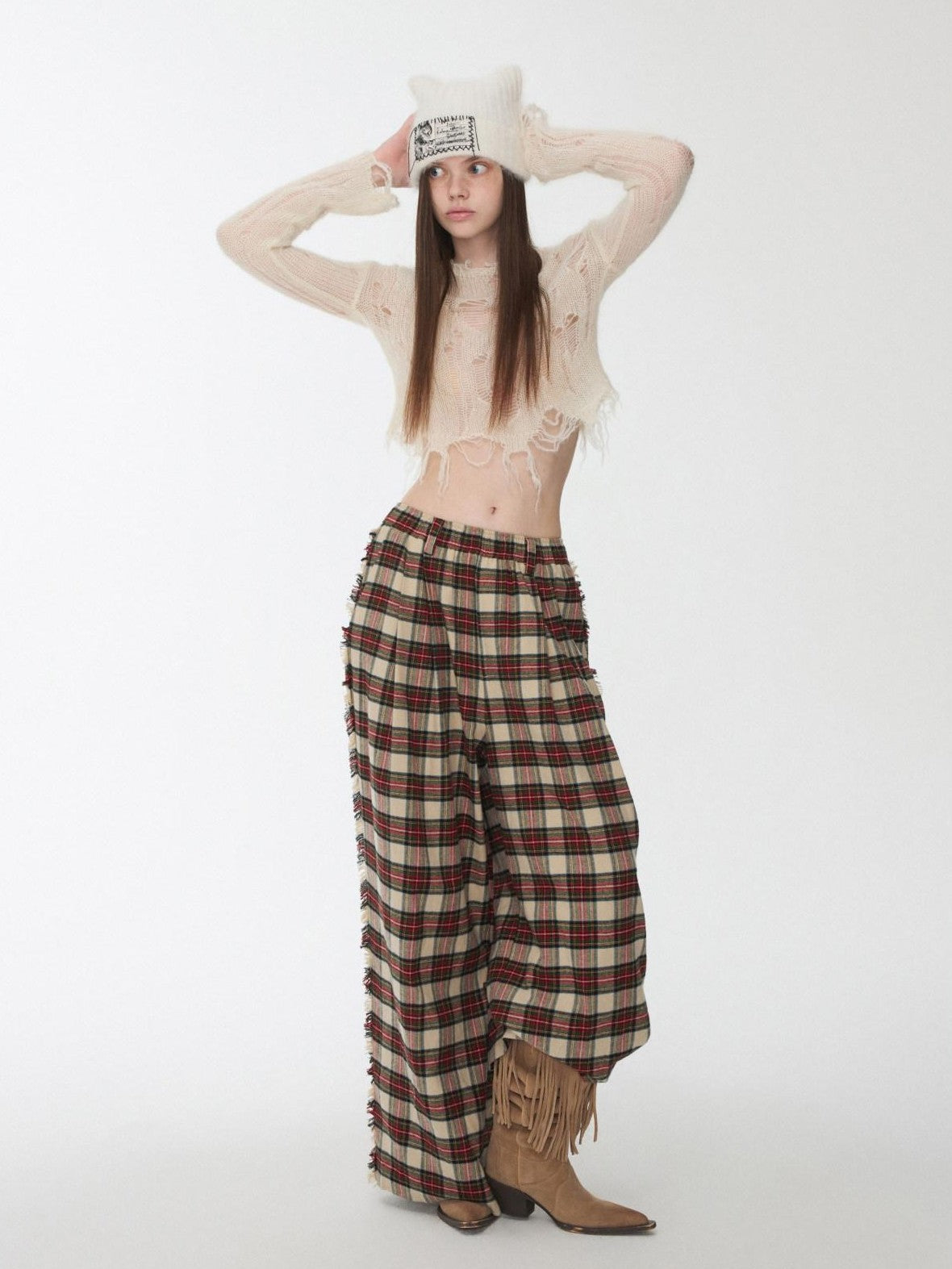 1JINN STUDIO Polka Dot Openwork Distressed Slim Short Women&