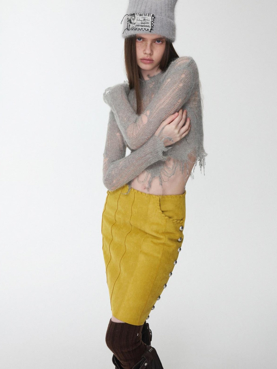 1JINN STUDIO Polka Dot Openwork Distressed Slim Short Women&