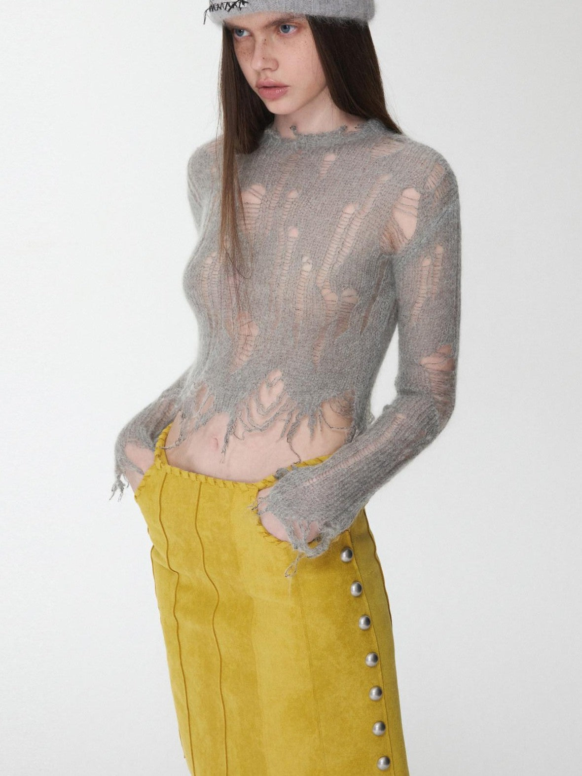 1JINN STUDIO Polka Dot Openwork Distressed Slim Short Women&