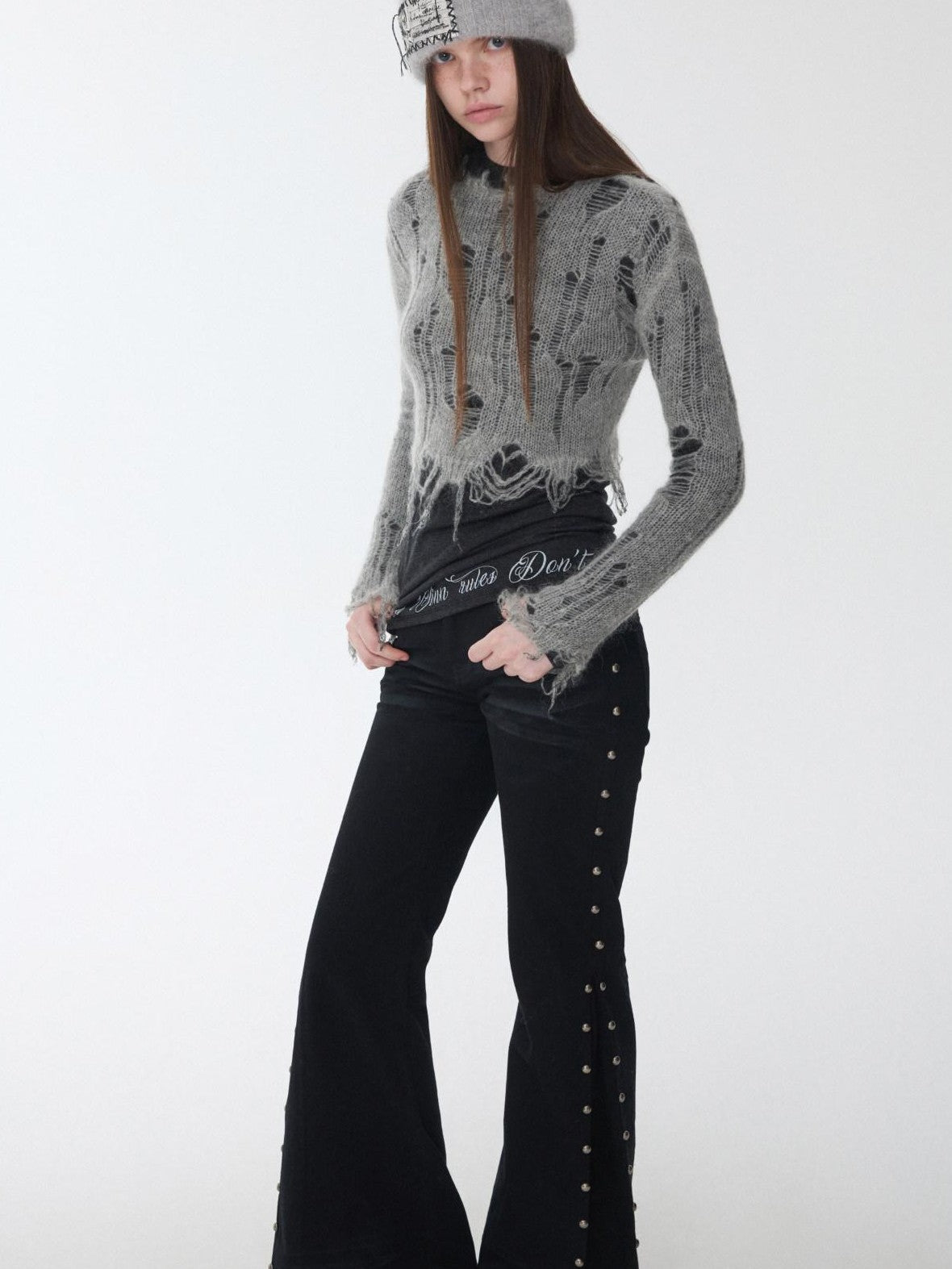 1JINN STUDIO Polka Dot Openwork Distressed Slim Short Women&