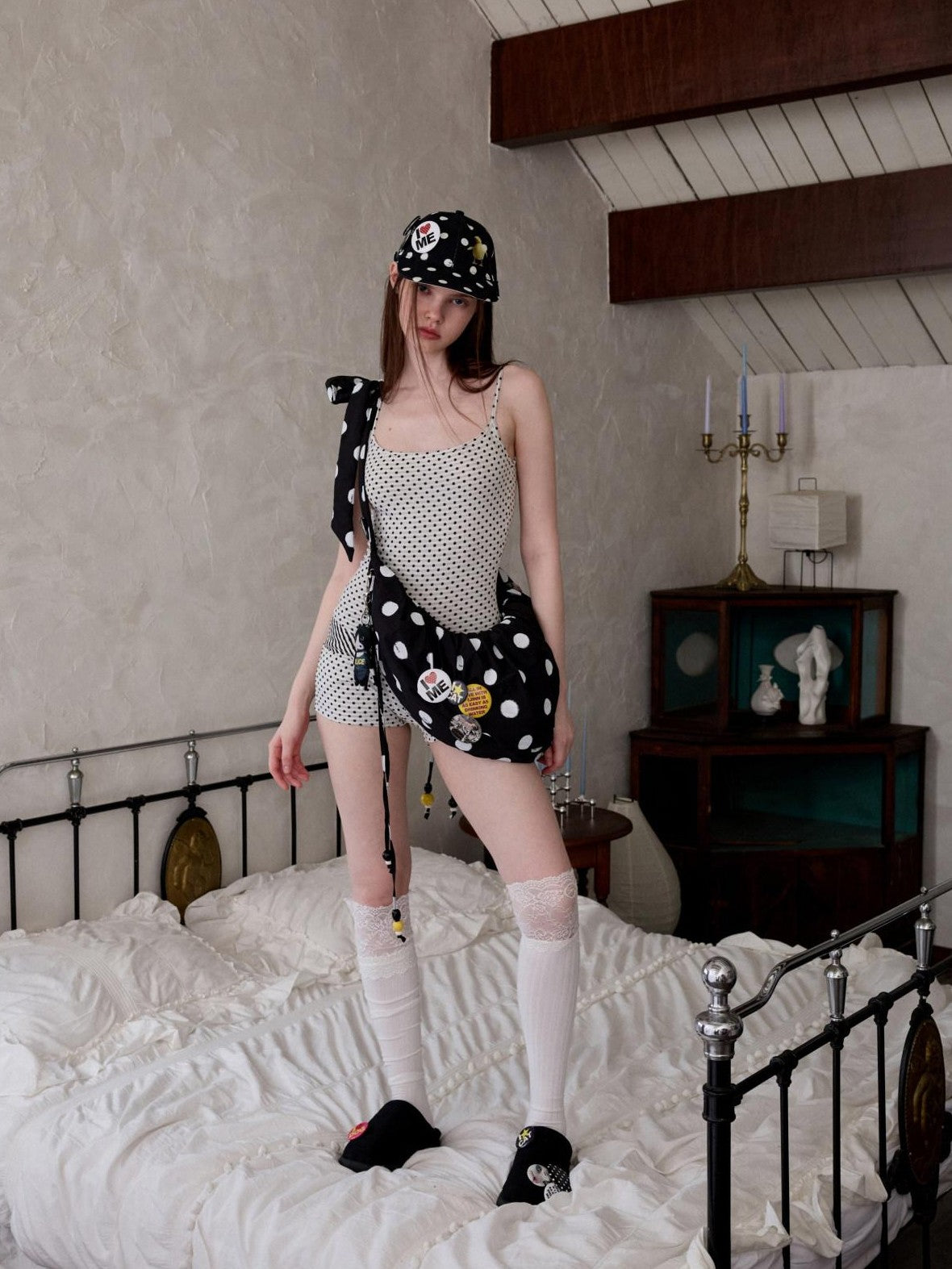 1JINN STUDIO Polka Dot Pleated Drawstring Beaded Dumpling Women&
