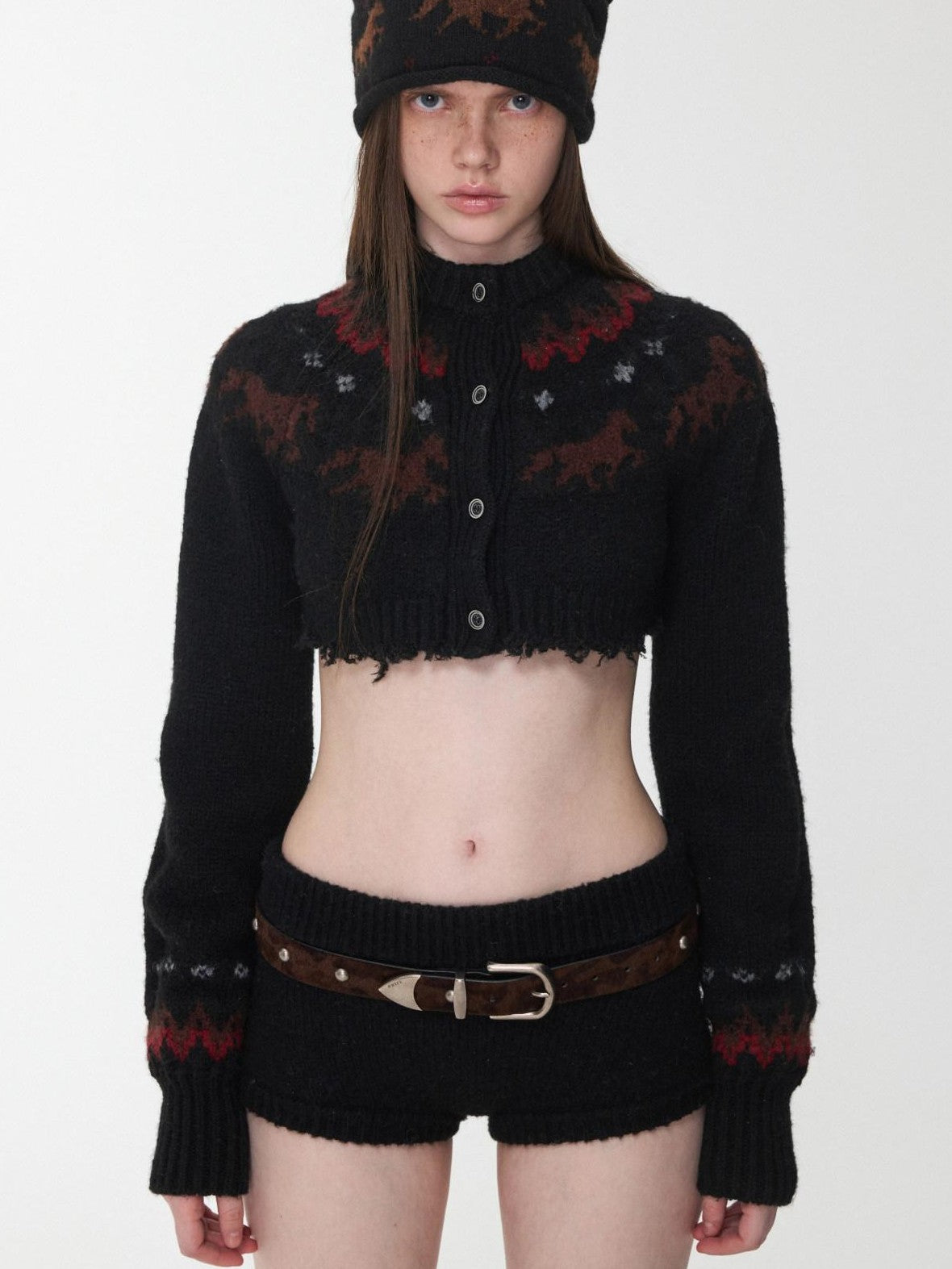 1JINN STUDIO Pony Jacquard Knit Short Cardigan High Waist Women&