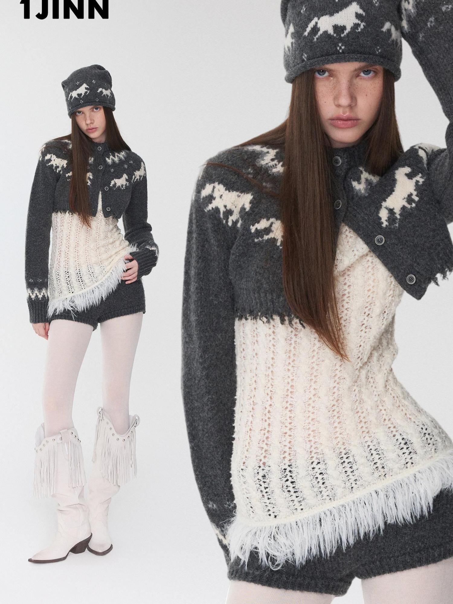 1JINN STUDIO Pony Jacquard Knit Short Cardigan High Waist Women&