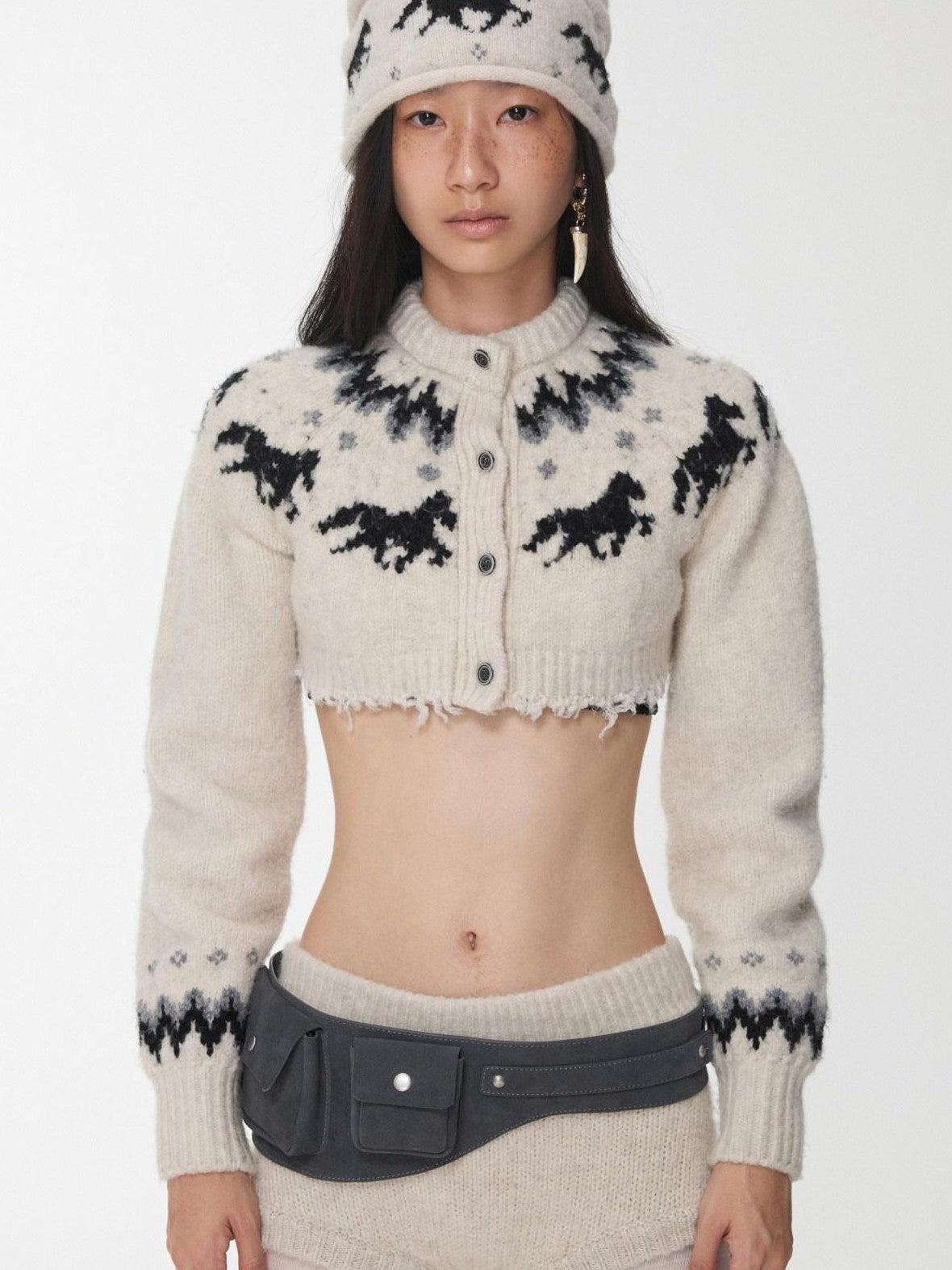 1JINN STUDIO Pony Jacquard Knit Short Cardigan High Waist Women&