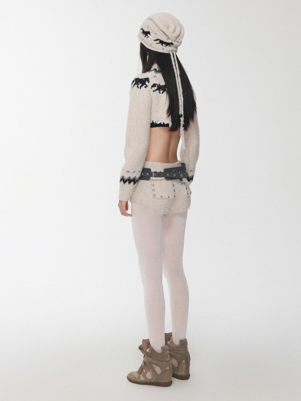 1JINN STUDIO Pony Jacquard Knit Short Cardigan High Waist Women&