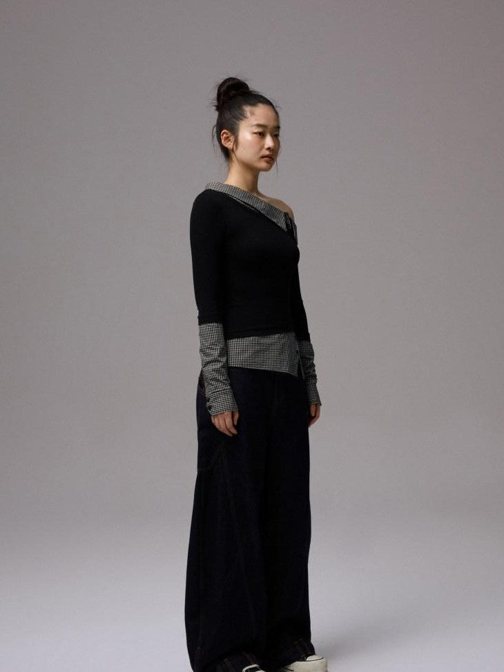 1JINN STUDIO Raw Denim Patchwork Embroidered Double Waist Women&