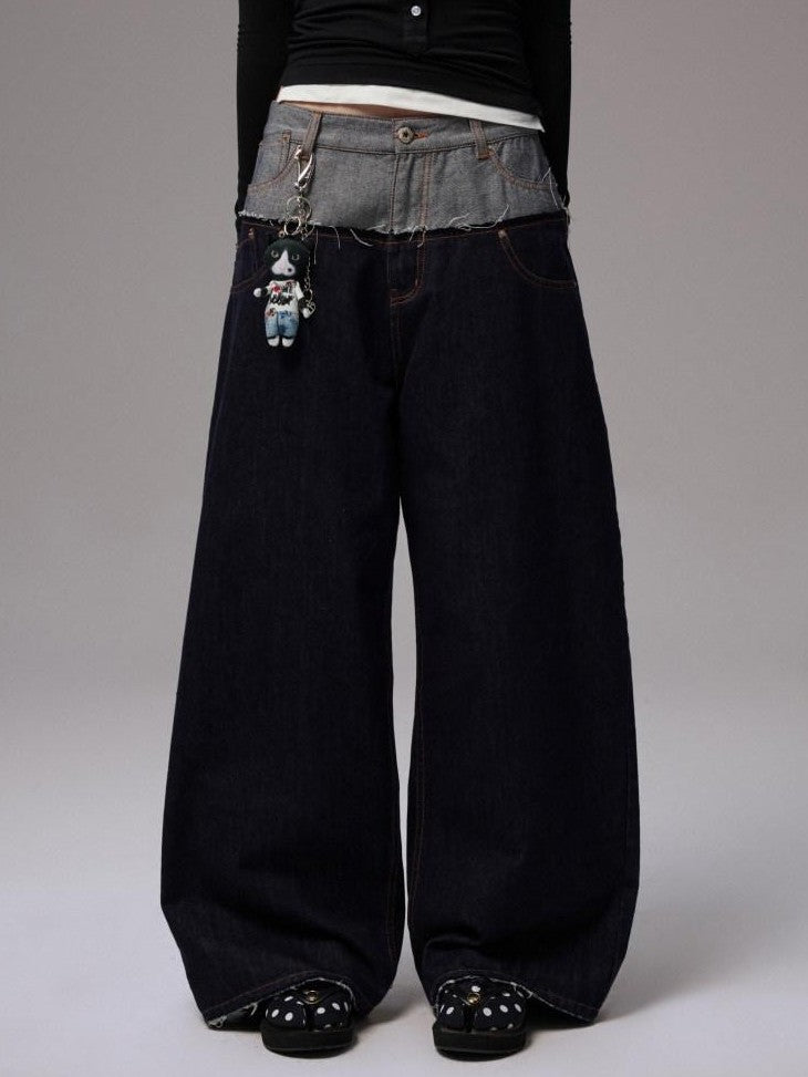 1JINN STUDIO Raw Denim Patchwork Embroidered Double Waist Women&