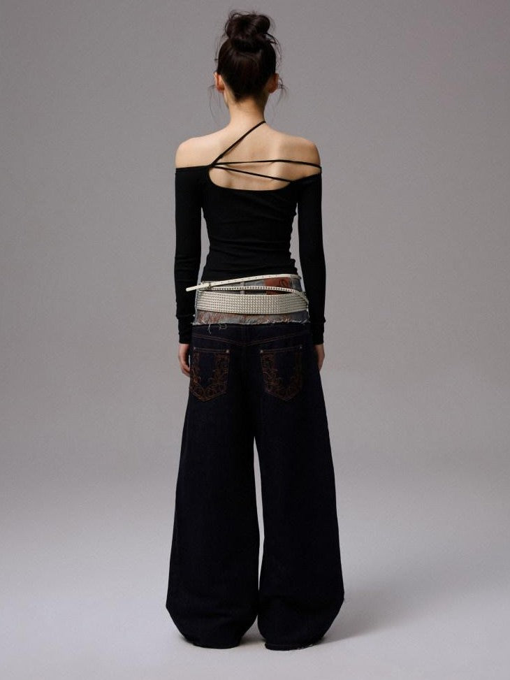 1JINN STUDIO Raw Denim Patchwork Embroidered Double Waist Women&