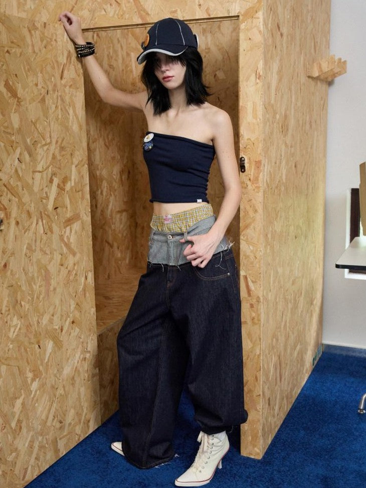 1JINN STUDIO Raw Denim Patchwork Embroidered Double Waist Women&