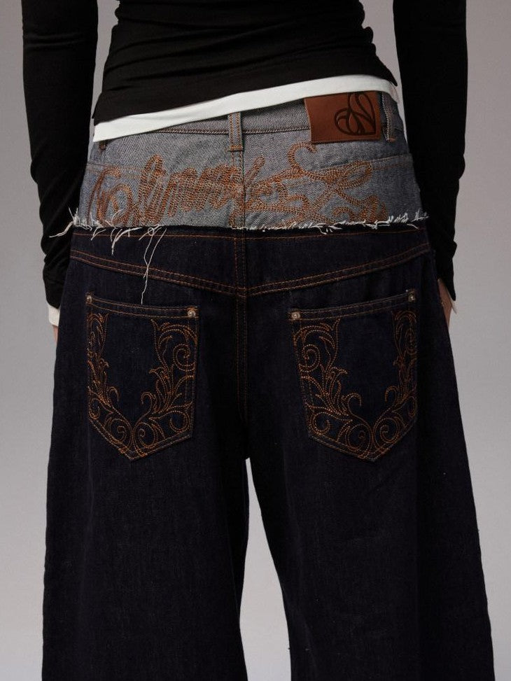 1JINN STUDIO Raw Denim Patchwork Embroidered Double Waist Women&