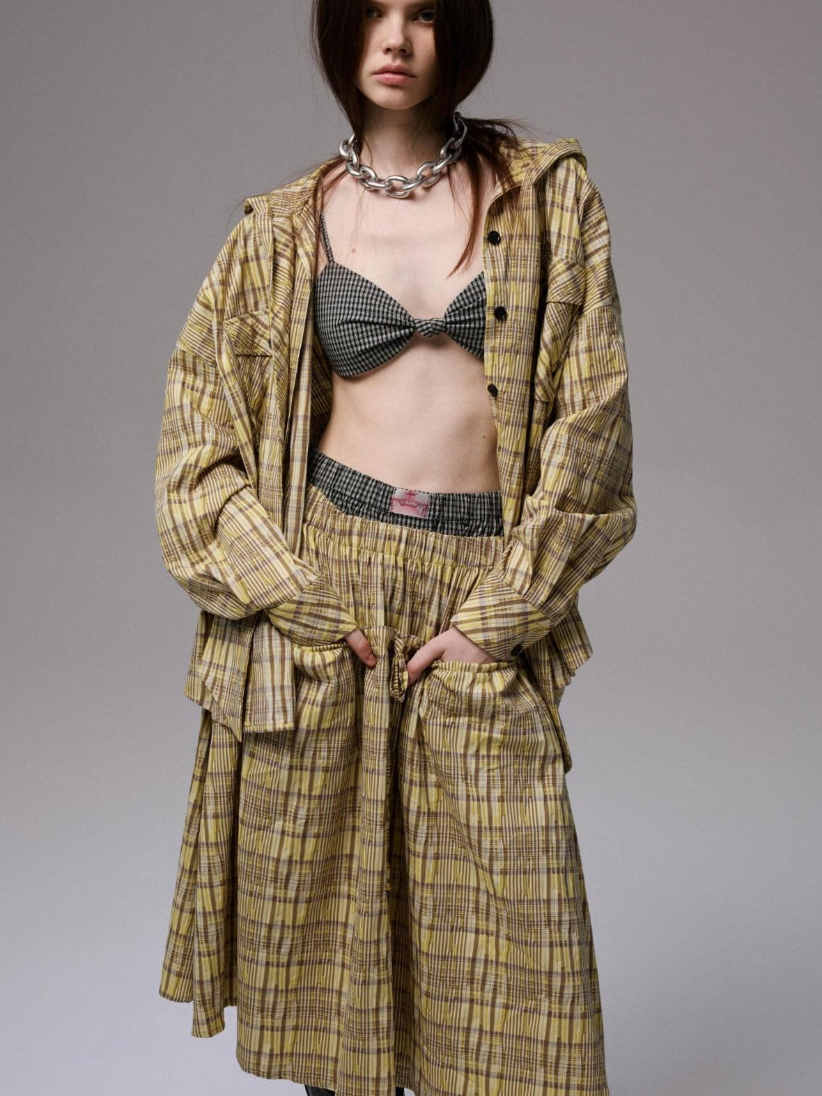 1JINN STUDIO Retro Colorblock Plaid Knotted Asymmetric Double Cross Wireless Women&