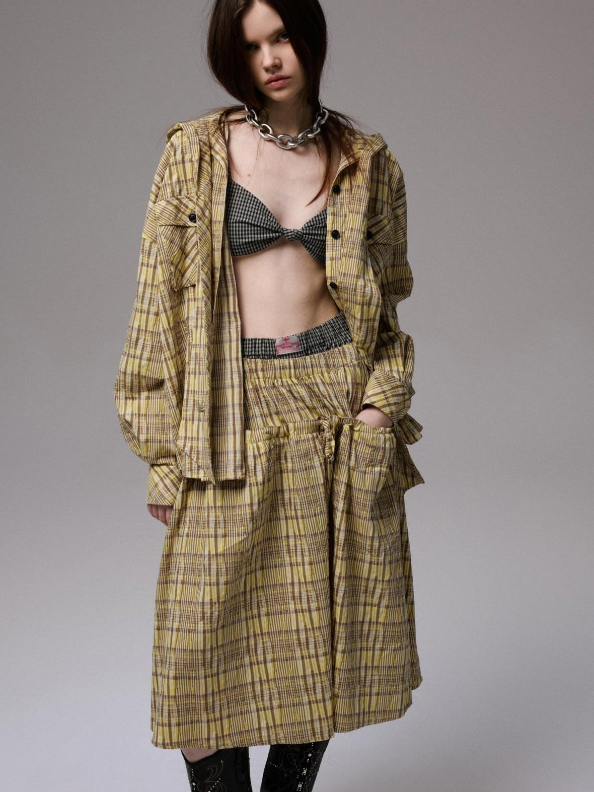 1JINN STUDIO Retro Colorblock Plaid Knotted Asymmetric Double Cross Wireless Women&