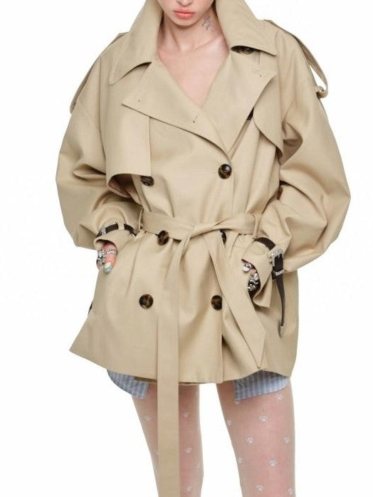 1JINN STUDIO Retro Double Breasted Belted Large Lapel Mid Length Women&