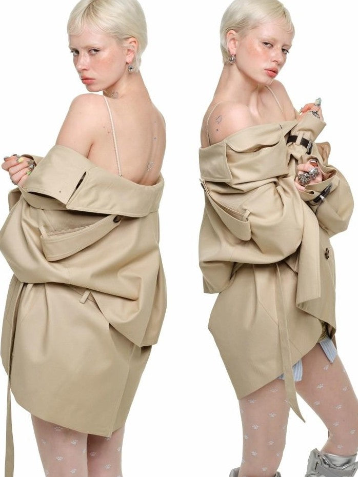 1JINN STUDIO Retro Double Breasted Belted Large Lapel Mid Length Women&
