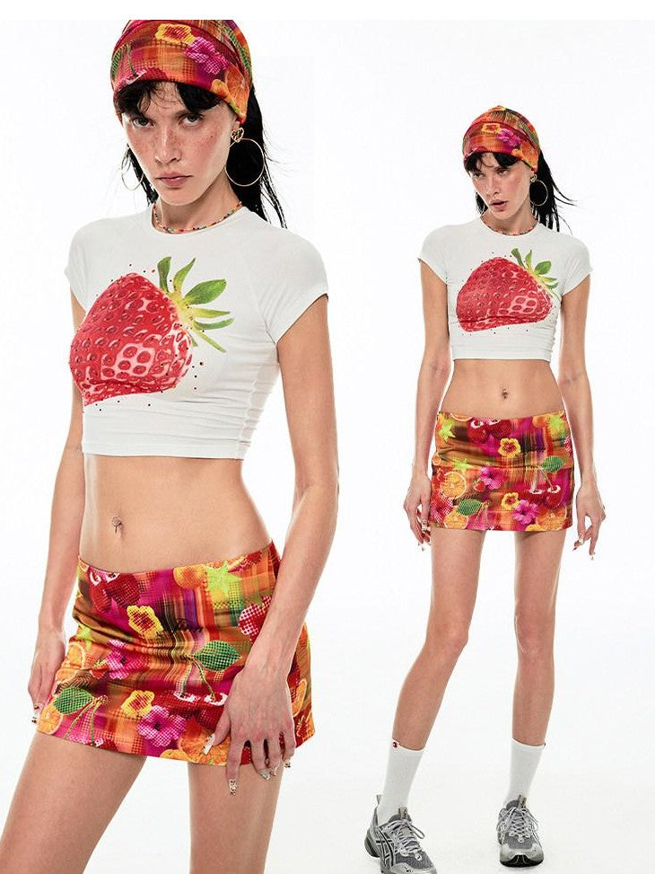 1JINN STUDIO Retro Fruit Print Low Waist Hip Hugging H Line Women&