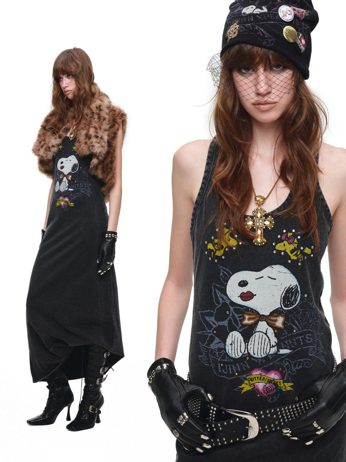 1JINN STUDIO Retro Large Print Washed Rhinestone Women&