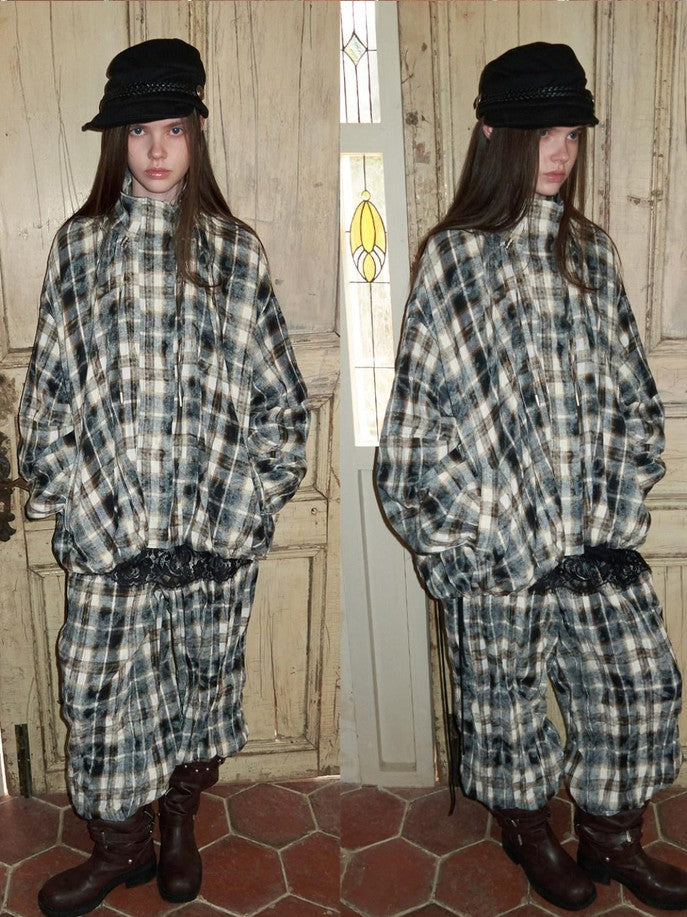 1JINN STUDIO Retro Plaid Crinkled Waist Panel Women&