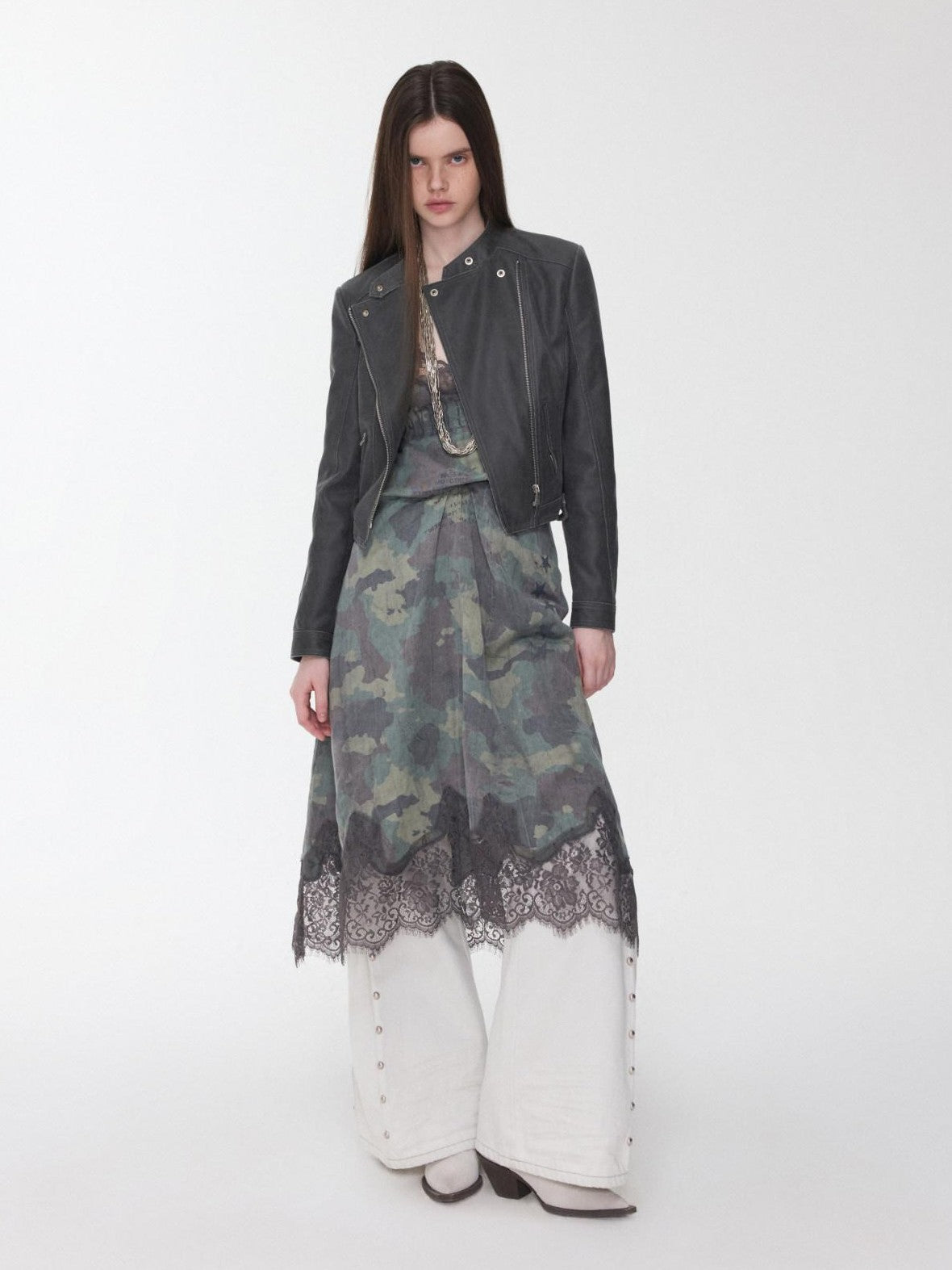 1JINN STUDIO Retro Washed Crackle Distressed Lapel Biker Women&