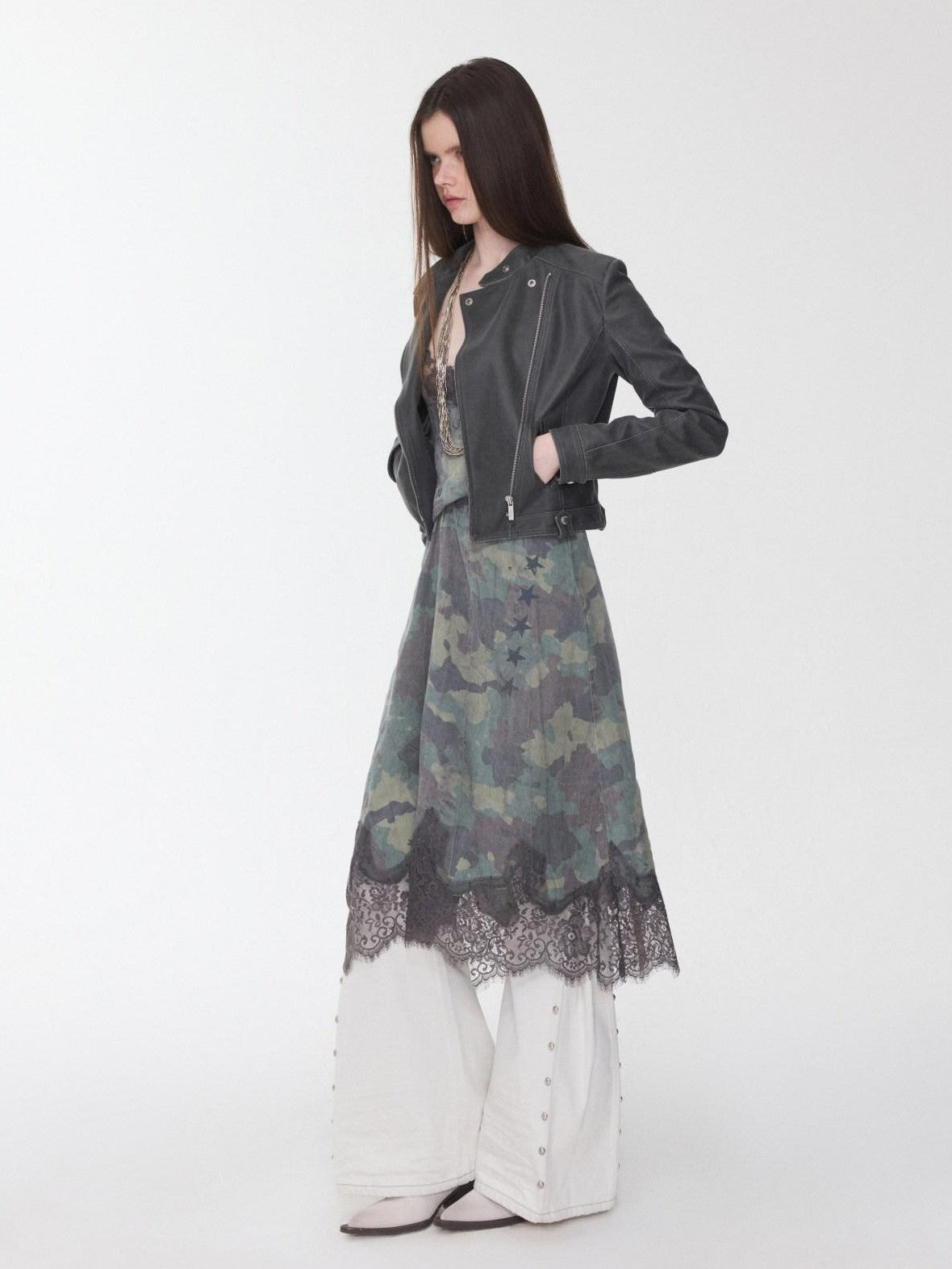1JINN STUDIO Retro Washed Crackle Distressed Lapel Biker Women&
