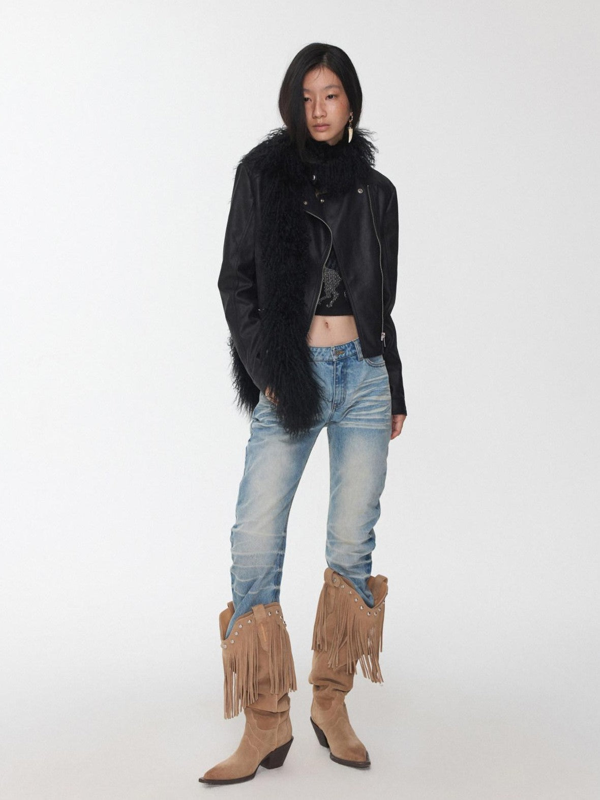 1JINN STUDIO Retro Washed Crackle Distressed Lapel Biker Women&