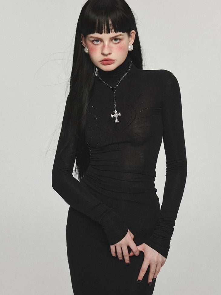1JINN STUDIO Rhinestone High Neck Slimming Midlength Women&