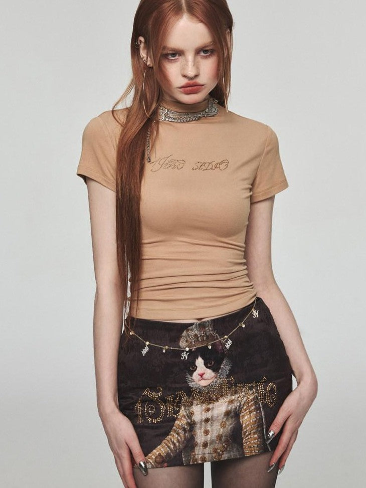 1JINN STUDIO Rhinestone Slim Crewneck Short Sleeve Women&