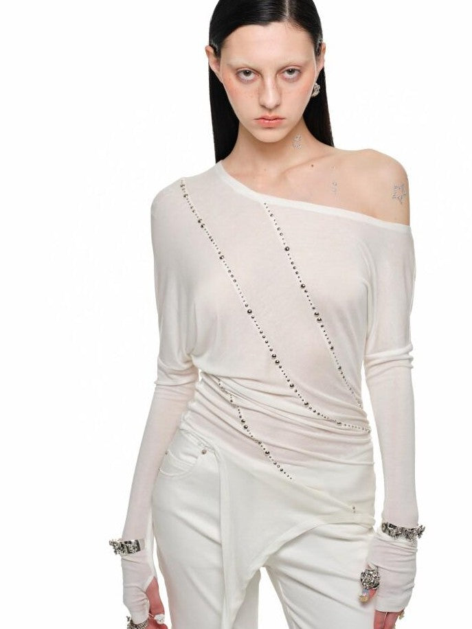 1JINN STUDIO Rhinestone Studded Asymmetrical Slim Long Sleeve Women&
