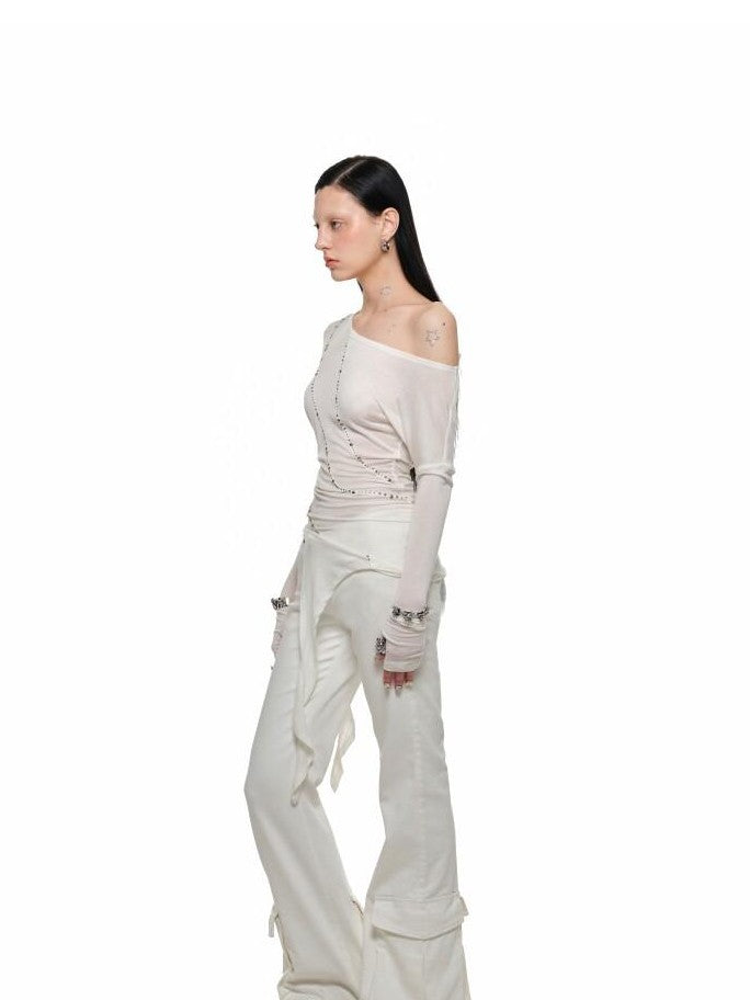 1JINN STUDIO Rhinestone Studded Asymmetrical Slim Long Sleeve Women&